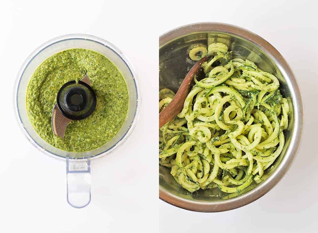 Zucchini noodles tossed in homemade pesto