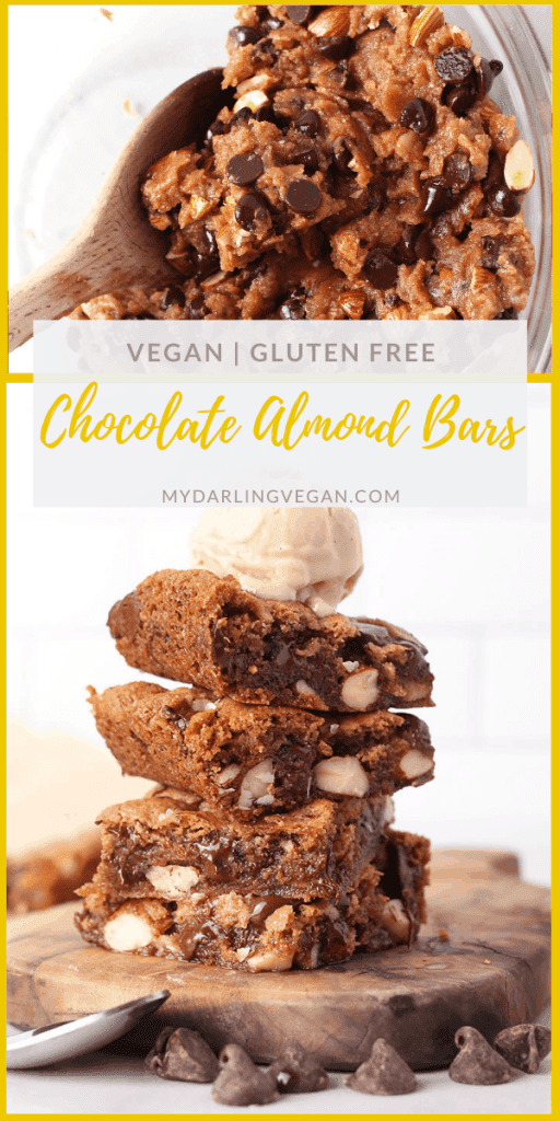 You're going to love these vegan bars! They are made with almond flour and almond butter and filled with chocolate chips for a decadent gluten-free and vegan dessert everyone can enjoy.