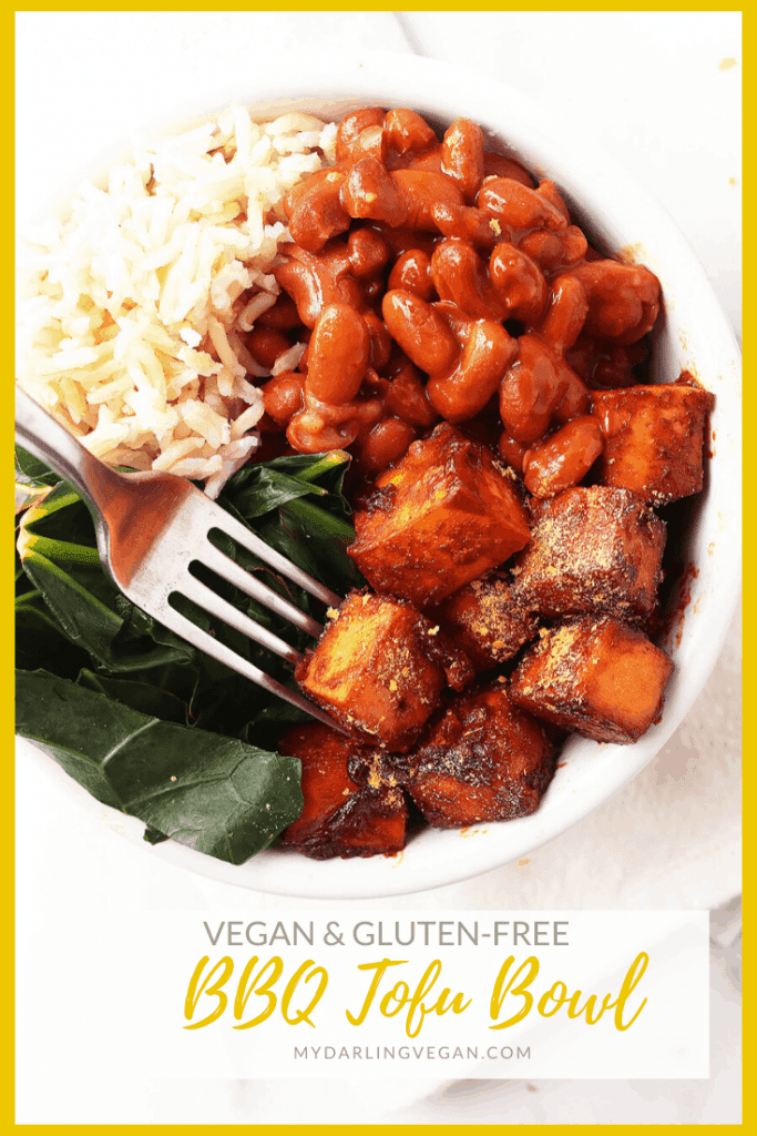 A hearty dinner bowl made with BBQ tofu, black-eyed peas, and collard greens, all slathered in homemade BBQ Sauce. Made in just 30 minutes for a delicious vegan and gluten-free weeknight meal.
