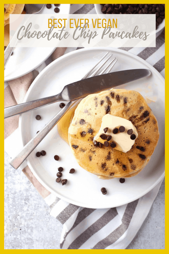These decadent vegan Chocolate Chip Pancakes are the best way to start your day! Fluffy, sweet, and filled with chocolate in every bite, this is a breakfast worth getting out of bed. Made in under 20 minutes!