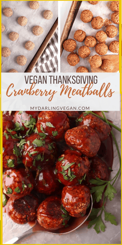 These vegan cranberry meatballs are the perfect blend of sweet and spicy. They are made with a mushroom walnut base and tossed in homemade cranberry sauce for the perfect holiday appetizer.