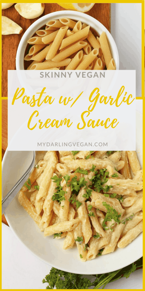 This skinny Creamy Garlic Sauce with Penne Pasta is a wholesome, non-dairy alternative to a classic pasta dish. The creamy base is made with sautéed garlic and cauliflower and seasoned with hemp plant-based beverage and nutritional yeast for an easy and satisfying meal the whole family will love. #veganpasta #cauliflower
