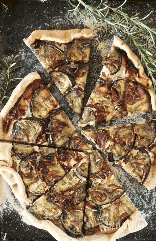 Grilled eggplant and caramelized onion pizza