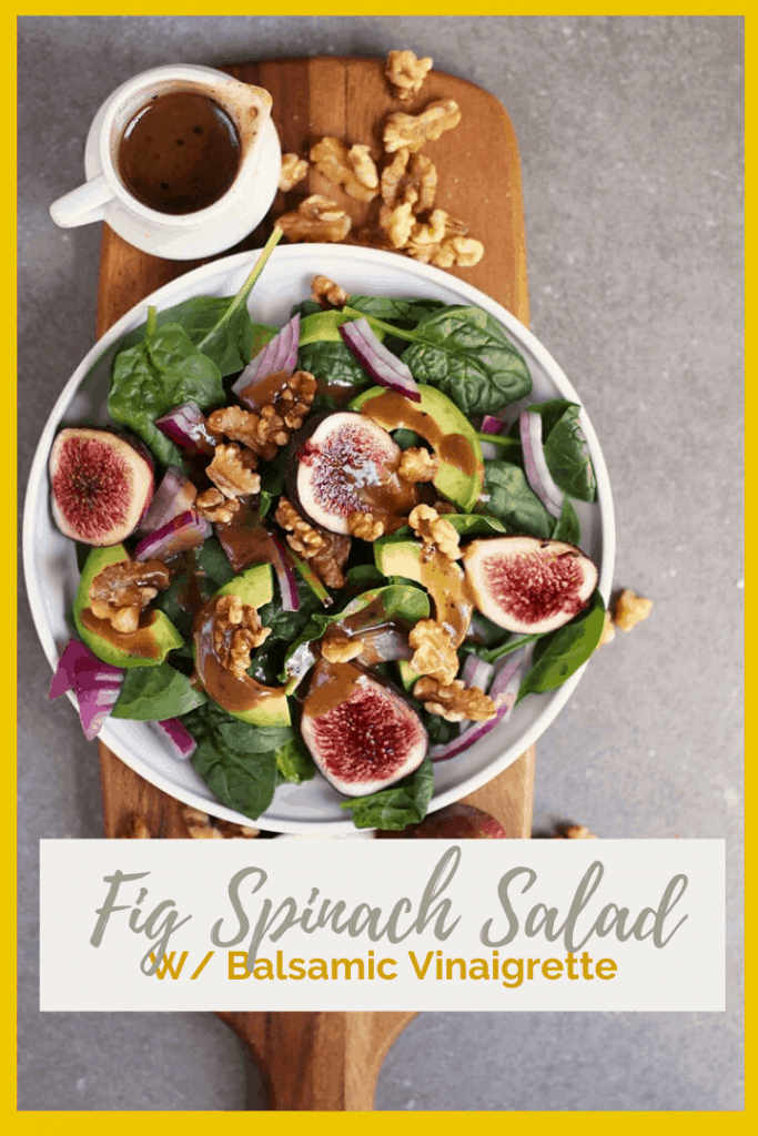 You're going to love this Spinach Fig Salad. It is made with fresh figs, creamy avocado, toasted walnuts, and homemade balsamic vinaigrette for a delicious fall salad that will fill you up.