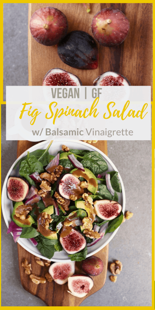 You're going to love this Spinach Fig Salad. It is made with fresh figs, creamy avocado, toasted walnuts, and homemade balsamic vinaigrette for a delicious fall salad that will fill you up.