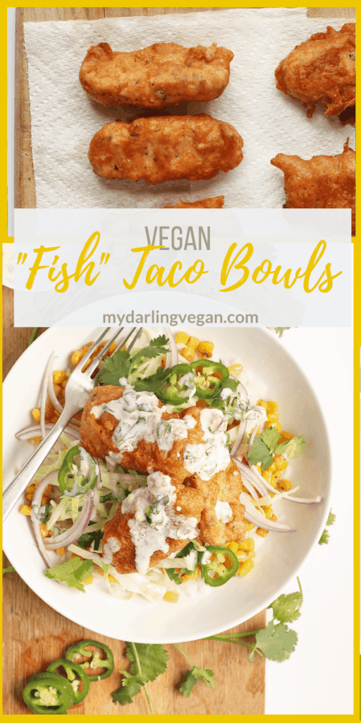This Vegan Fish Tacos bowl is made with beer-battered vegan "fish", fresh Baja cabbage slaw, seasoned corn, and creamy Baja sauce for a meal everyone will love.