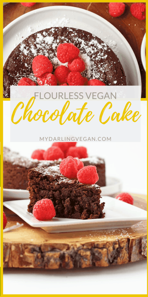 This rich and dense vegan Flourless Chocolate Cake is also gluten-free for a decadent dessert nearly everyone can enjoy. Made with just 7 simple ingredients for a quick and easy sweet treat.