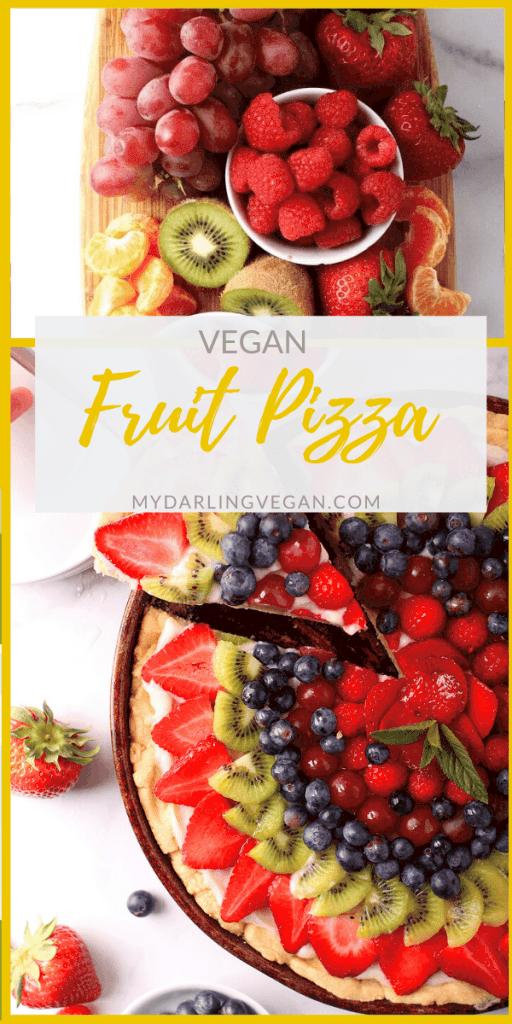 Vegan Fruit Pizza! It is made with a buttery, melt-in-your-mouth sugar cookie crust, topped with sweet cream cheese filling, and finished with fresh fruit for the perfect summertime dessert.