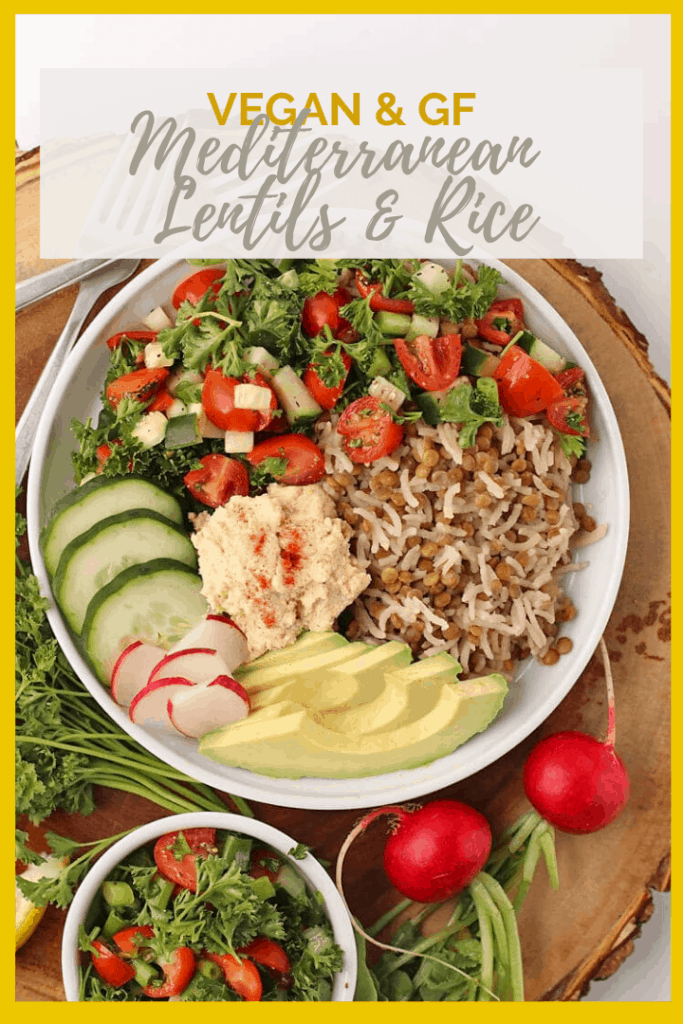 Lighten up with this Mediterranean Lentils and Rice dish. It is topped with fresh Tomato Cucumber Salad, homemade hummus, and fresh veggies. Vegan and Gluten-Free! 