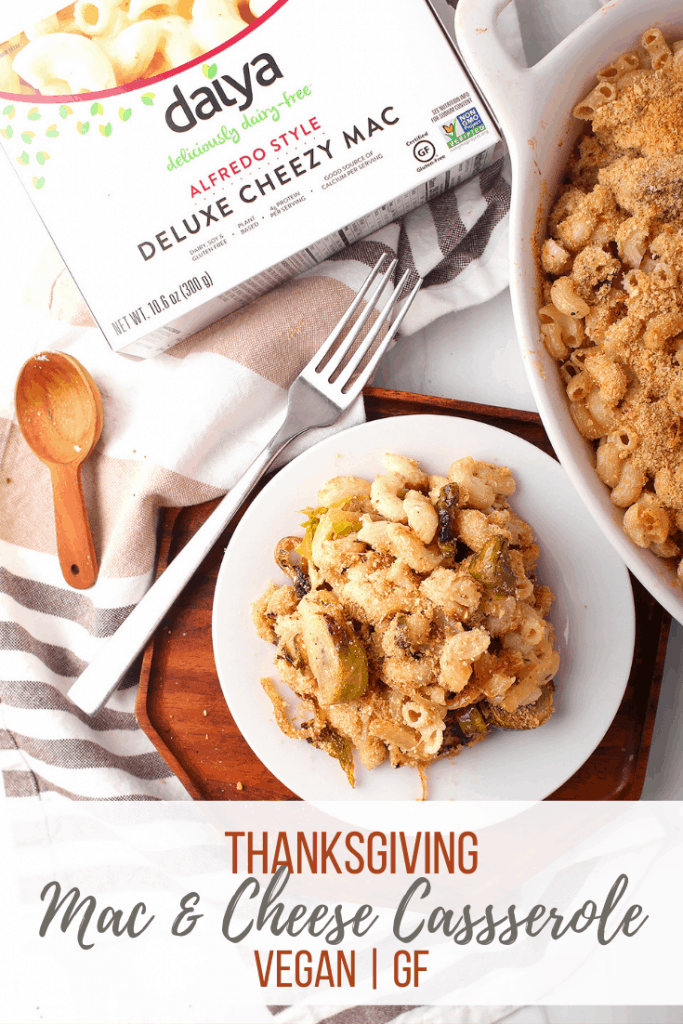 This Vegan Mac and Cheese Casserole is a delicious and easy recipe. It is made with Daiya Cheezy Mac and mixed with caramelized onions and sautéed Brussels sprouts for an effortless holiday dish.