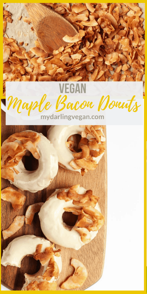 Vegan Maple Bacon Doughnuts! These amazing doughnuts are lightly spiced and baked to perfection. Finished them off with a sweet maple glaze and crispy coconut bacon for a delicious morning pastry.