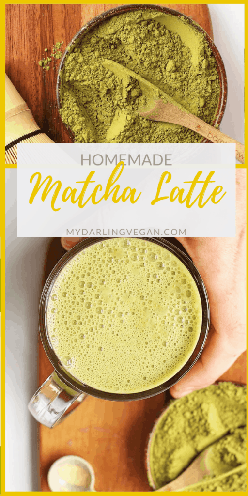 This is my go-to easy vegan matcha latte. Made with a mixture of macadamia and soy milk and flavored with a bit of maple syrup and vanilla for a sweet and calming morning beverage.