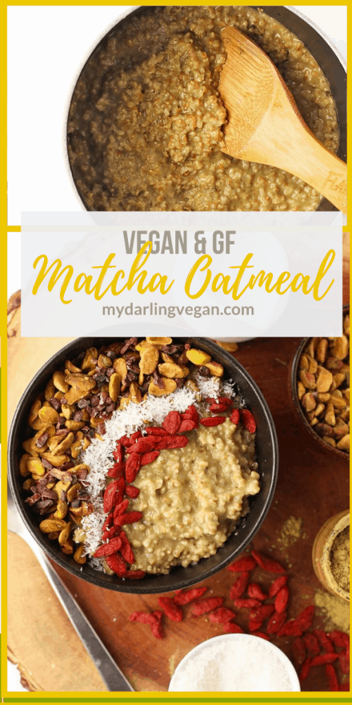 Start your morning off right with this Matcha Oatmeal. It's creamy and flavorful oatmeal topped with superfoods for a hearty and wholesome vegan breakfast.