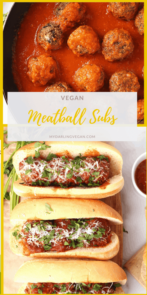 Delicious vegan meatball subs! They are made with homemade eggplant meatballs, marinara sauce, vegan parmesan cheese, and fresh parsley for the ULTIMATE vegan sandwich. 