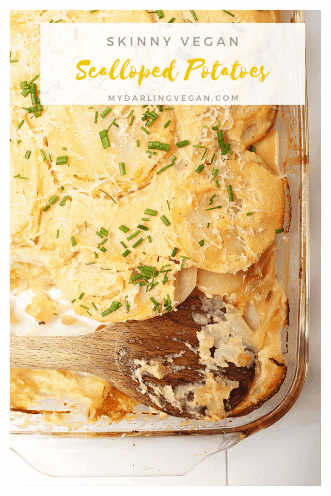 Vegan scalloped potatoes! It’s a healthy spin on a classic family favorite. These skinny scalloped potatoes are made with layers of Russet potatoes and cheesy cauliflower sauce that’s topped with vegan parmesan cheese and fresh chives. So good!