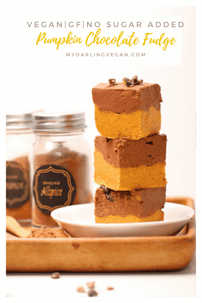 Delicious pumpkin fudge! A double layer of fudge made with whole food ingredients and sweetened only with dates for a festive vegan, gluten-free, and refined sugar-free treat. 