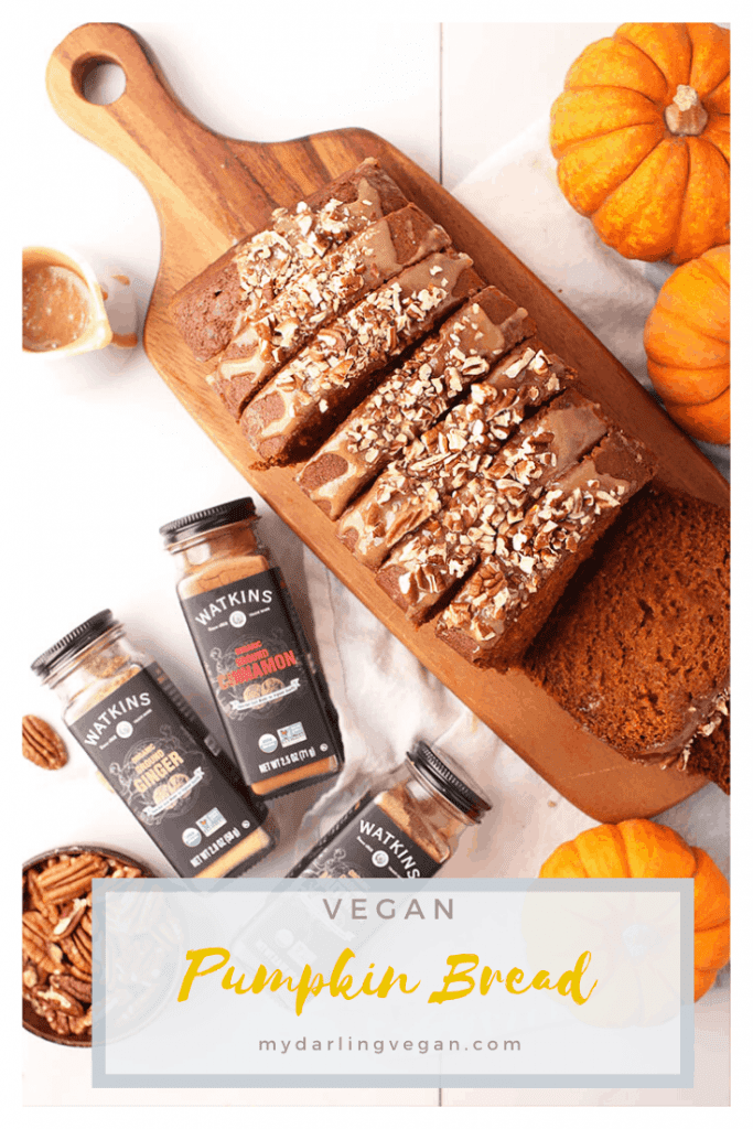 You’re going to love this delightfully moist and perfectly spiced vegan pumpkin bread. It’s topped with brown sugar glaze and toasted pecans for the ultimate fall pastry or homemade holiday gift.
