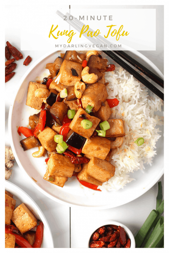 You're going to love this Kung Pao Tofu. Tofu marinated in a sweet, spicy, and salty sauce and sautéed with bell peppers, red chilis, and eggplant for an easy vegan and gluten-free meal. Made in under 30 minutes! 