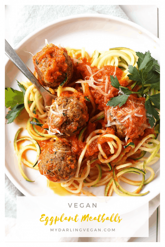You're going to love these wholesome and flavor-packed vegan eggplant meatballs baked to perfection and served with homemade marinara and zucchini noodles. It's a delicious and low-carb vegan meal the whole family will love.