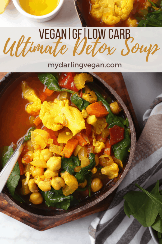 Get healthy with this delicious vegetable detox soup. It is filled with the best detoxifying foods like ginger, turmeric, and spinach for a hearty vegan and gluten-free winter meal.