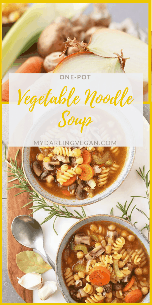 Cozy up with this Chickpea Vegetable Noodle Soup. It's filled with vegetables, chickpeas, and noodles and seasoned with Italian herbs for a delicious fall meal. Made in one pot in under 30 minutes!