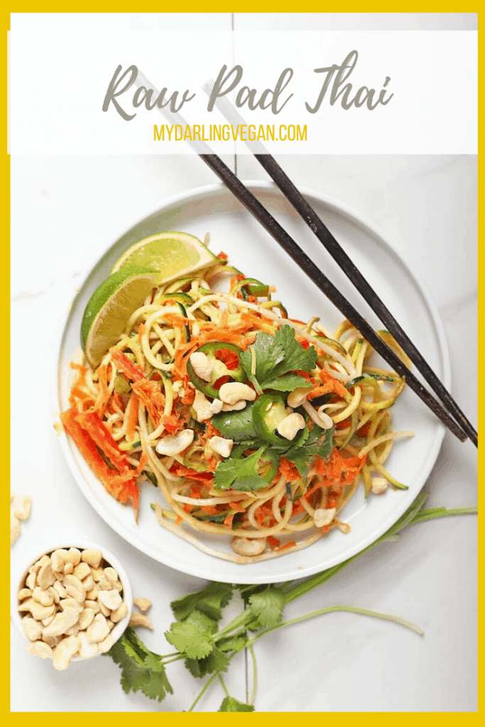 A healthy and refreshing salad, this raw Pad Thai is made with zucchini noodles, carrots, bell peppers, and fresh herbs. All topped with a homemade jalapeño almond sauce for a delicious and hearty meal. Made in under 30 minutes! 