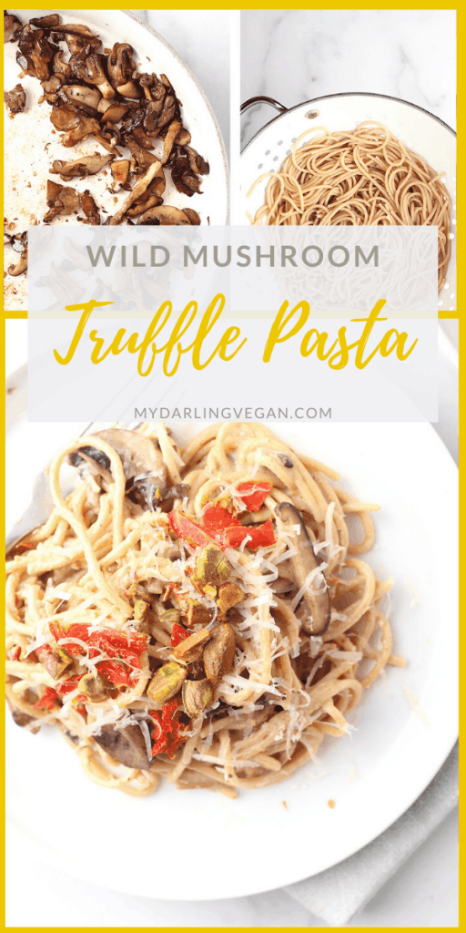 You're going to love this Wild Mushroom Pasta with Pistachio Cream Sauce. It's crispy sautéed mushrooms and sun-dried tomatoes tossed with truffle cream sauce. So good! Finish it with Truffle Salt for a delicious vegan and gluten-free meal. 