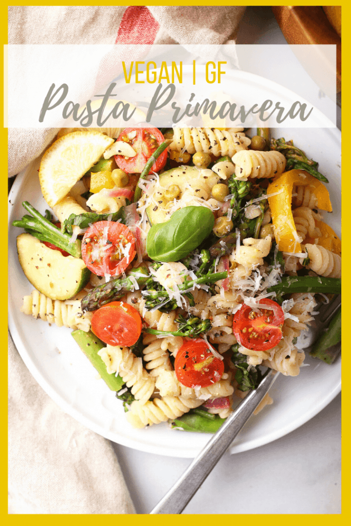 Vegan Pasta Primavera! It's a light and refreshing pasta dish made with fresh spring vegetables and Fusilli pasta tossed with fresh lemon juice, vegan parmesan cheese, and salt and pepper. Made in under 20 minutes!