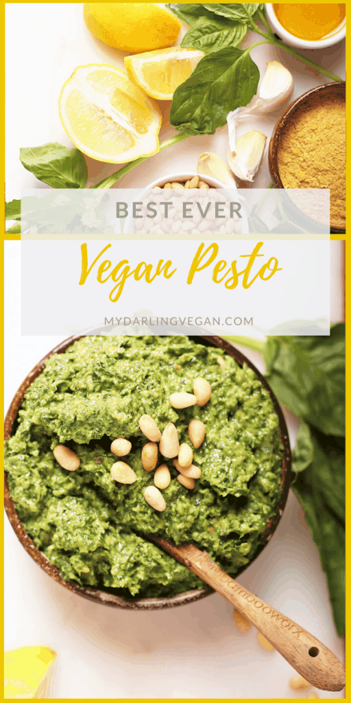 This easy 5-minute vegan pesto is made with basil, garlic, lemon, and nutritional yeast for a pesto that is packed with flavor. Serve it with noodles, on bread, or in a salad for the perfect vegan condiment.