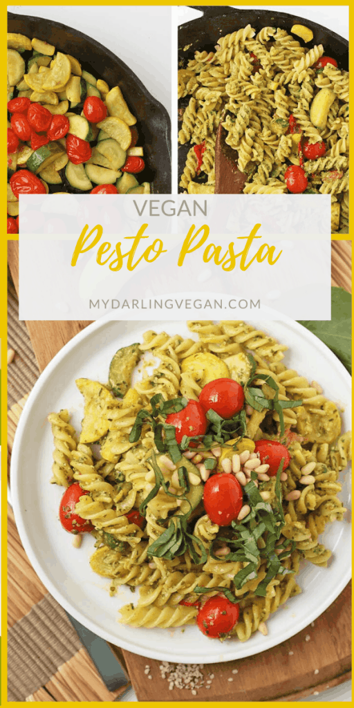 This vegan Pesto Pasta is tossed with sautéed summer squash, zucchini, and cherry tomatoes for a light and refreshing dinner that can be enjoyed all summer long.