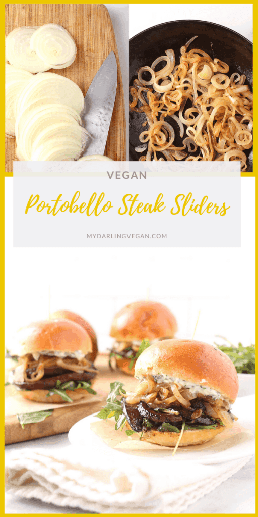 Bite into a delicious Portobello and Caramelized Onion Slider. These vegan sliders are filled with marinated portobello steaks and caramelized onions and topped with fresh arugula and basil aioli for a satisfying quick snack or light meal. 