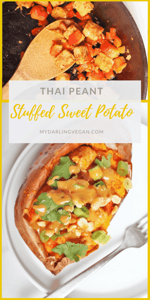These Thai-Style Stuffed Sweet Potatoes are filled with Peanut-Ginger Tempeh, sautéed garlic and ginger, cilantro, and red bell peppers. All topped with a Thai Peanut Sauce for a delicious vegan and gluten-free meal. 