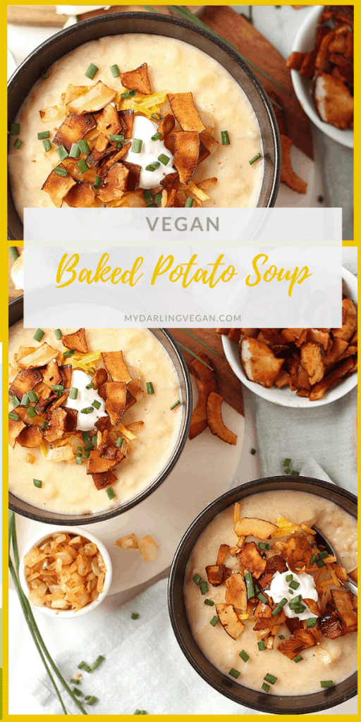 You're going to love this fully loaded vegan Baked Potato Soup. It's a rich and creamy potato soup topped with coconut bacon, vegan cream cheese, caramelized onions, and fresh chives. It doesn't get much cozier than that! 