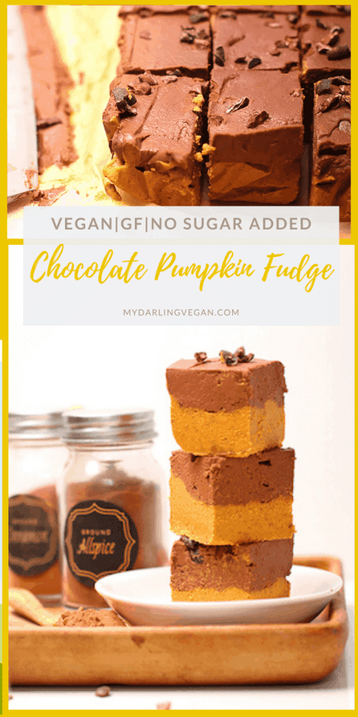 Delicious pumpkin fudge! A double layer of fudge made with whole food ingredients and sweetened only with dates for a festive vegan, gluten-free, and refined sugar-free treat. 