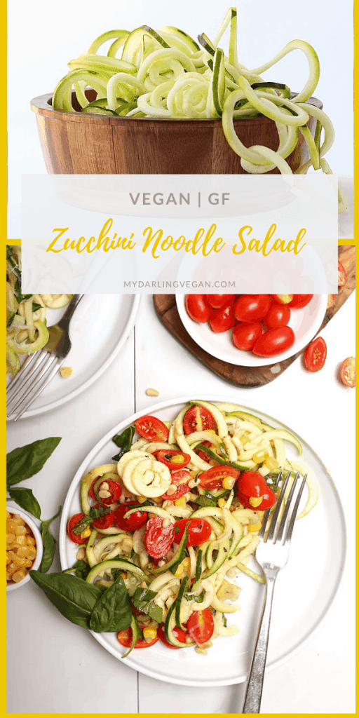 Light and refreshing, you’ve going to love this zucchini noodle salad. Made with fresh zucchini noodles, tomatoes, corn, basil, and pinenuts for the perfect light vegan and gluten-free summer meal.