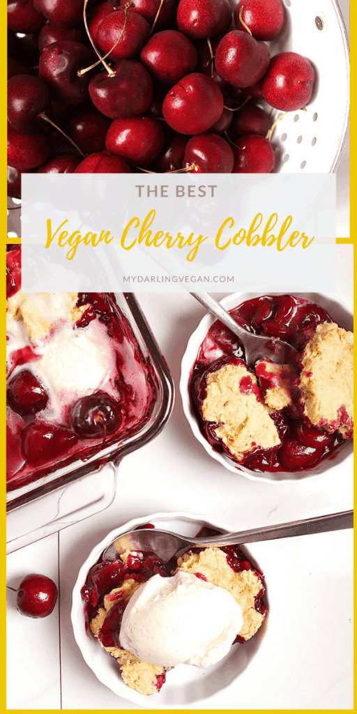 You're going to love this vegan cherry cobbler. It's a sweet and tart cherry pie filling topped with buttery biscuits and baked to perfection. Serve with non-dairy vanilla ice cream for the perfect summer dessert.