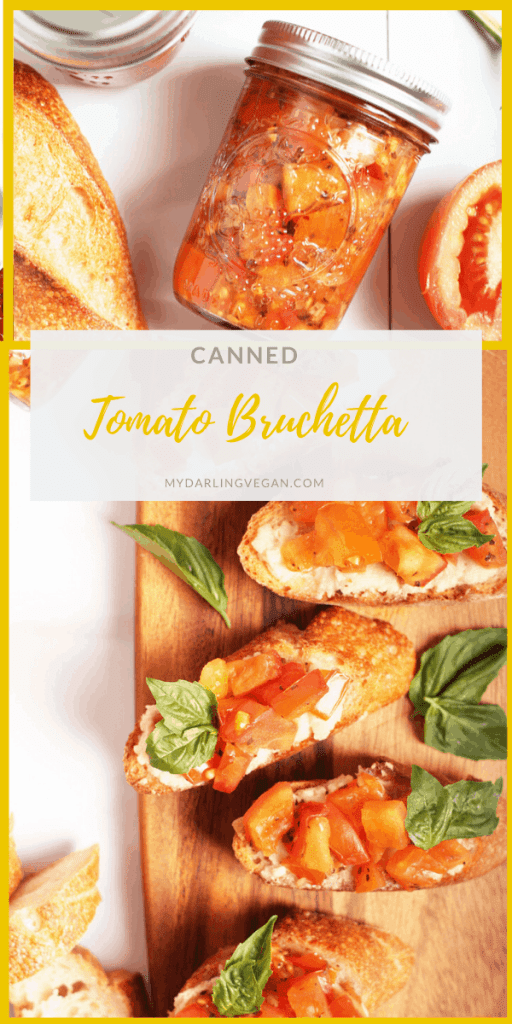 Tomato bruschetta in a jar! Served over soft vegan mozzarella cheese and a toasted baguette for a sweet and tangy baked appetizer. Make it in a jar for the perfect spread, filling, or homemade gift. 