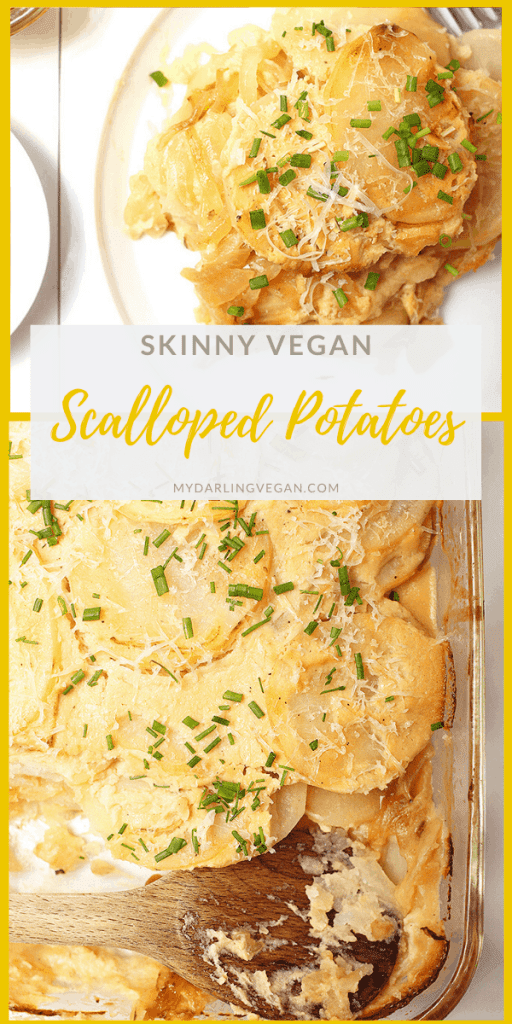 Vegan scalloped potatoes! It’s a healthy spin on a classic family favorite. These skinny scalloped potatoes are made with layers of Russet potatoes and cheesy cauliflower sauce that’s topped with vegan parmesan cheese and fresh chives. So good!
