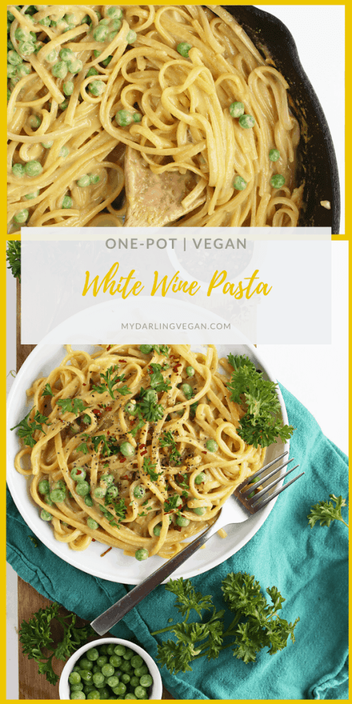 Make dinner easy with this delicious 30 minute one-pot vegan Garlic White Wine Pasta topped with fresh parsley, peas, and red pepper flakes.