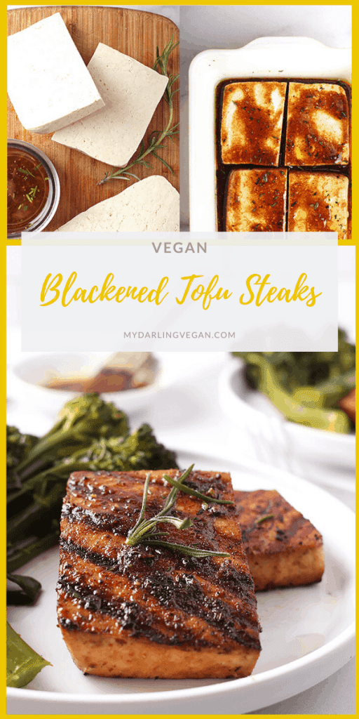 Impress your guests with these Juicy Blackened Tofu Steaks. Made with extra-firm tofu marinated in a mixture of sauces and spices and then grilled to perfection for a wholesome vegan and gluten-free meal. 