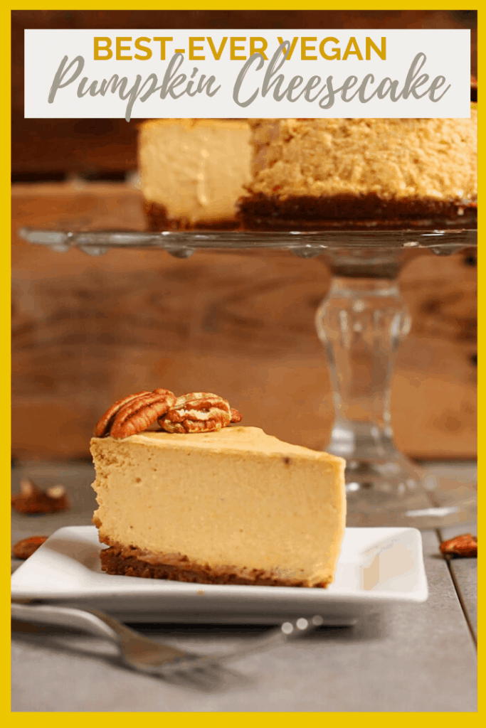 Rich and creamy vegan Pumpkin Cheesecake made with a gingersnap crust and topped with toasted pecans for the perfect vegan Thanksgiving dessert. It's so good, no one will believe it's vegan! 