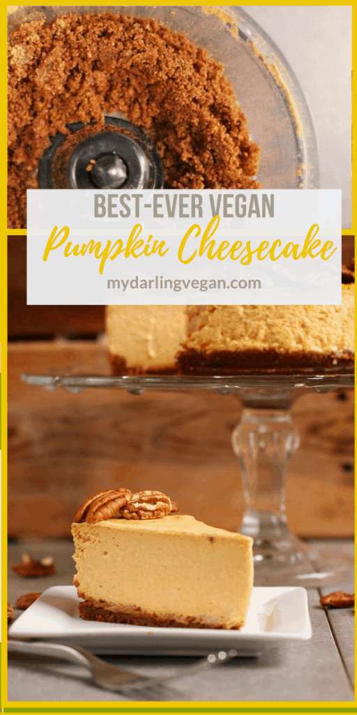 Rich and creamy vegan Pumpkin Cheesecake made with a gingersnap crust and topped with toasted pecans for the perfect vegan Thanksgiving dessert. It's so good, no one will believe it's vegan! 
