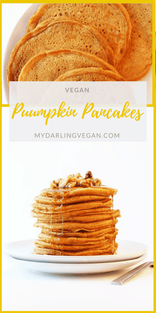 Start your morning off with these perfect vegan pumpkin pancakes. Seasonally spiced, light, and fluffy, no one will believe these sweet pancakes are egg-free. Serve with maple syrup. 