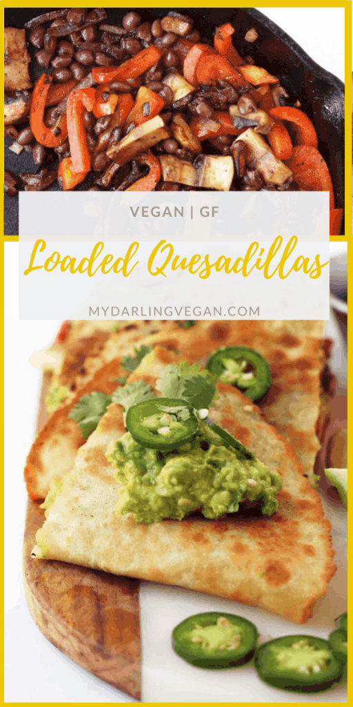 Fully Loaded Vegan Quesadillas – filled with fajita grilled vegetables, black beans, and guacamole and topped with fresh cilantro and jalapeños. Cooked inside a Mission® Gluten Free Soft Taco Tortilla for a delicious vegan and gluten-free meal. 
