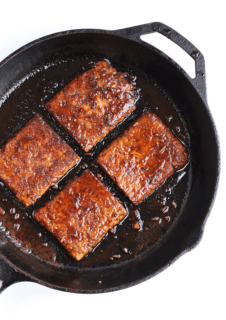 Marinated and grilled tempeh cut into squares