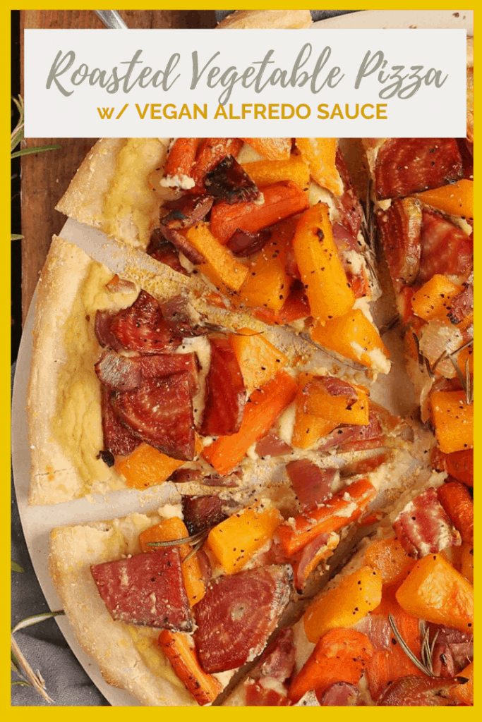Bite into this delicious Roasted Vegetable Pizza. It's made with roasted butternut squash, beets, carrots atop a creamy vegan cauliflower Alfredo Sauce and served on a cornmeal pizza crust.