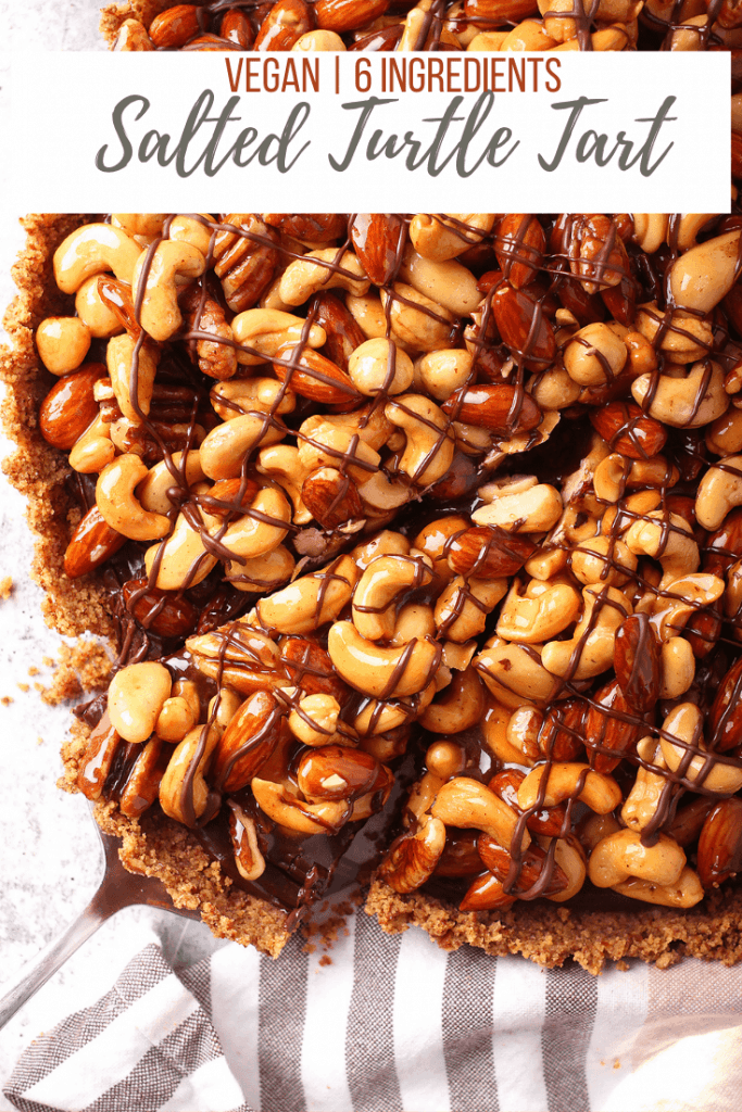 This salted turtle tart is the knock-your-socks-off dessert you need on your table this holiday season. It's a salty pretzel crust with velvety chocolate ganache and caramel coated assorted nuts for a vegan dessert that is the perfect end to any celebration!