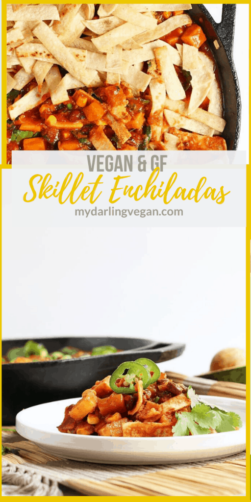 Dinner is made easy with this one-pot vegan enchiladas skillet recipe. It's made with butternut squash and black beans for a seasonal and hearty gluten-free dinner.