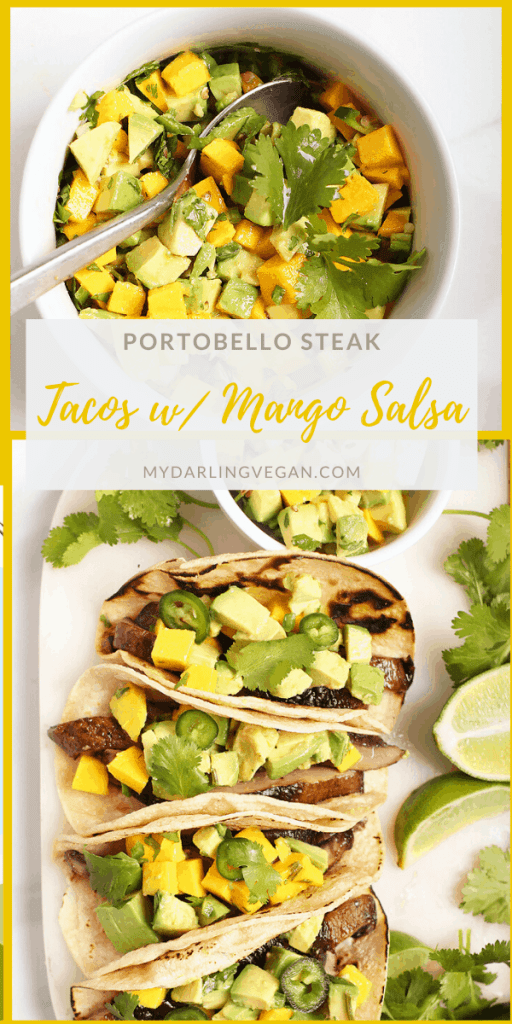Lighten up with these mushroom tacos. Made with grilled portobello steaks and avocado mango salsa, these vegan and gluten-free tacos are the perfect light meal. 