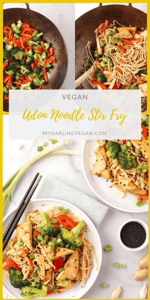 Delicious Udon Noodle Stir Fry made with crispy tofu, broccoli, peppers, and carrots. It's covered in a sweet ginger sauce for a hearty vegan and gluten-free meal that the whole family will love.